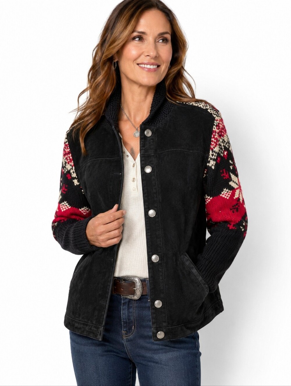 Coldwater Creek Suede Fair Isle Knit Jacket PXL Nordic Cottagecore Winter Coat